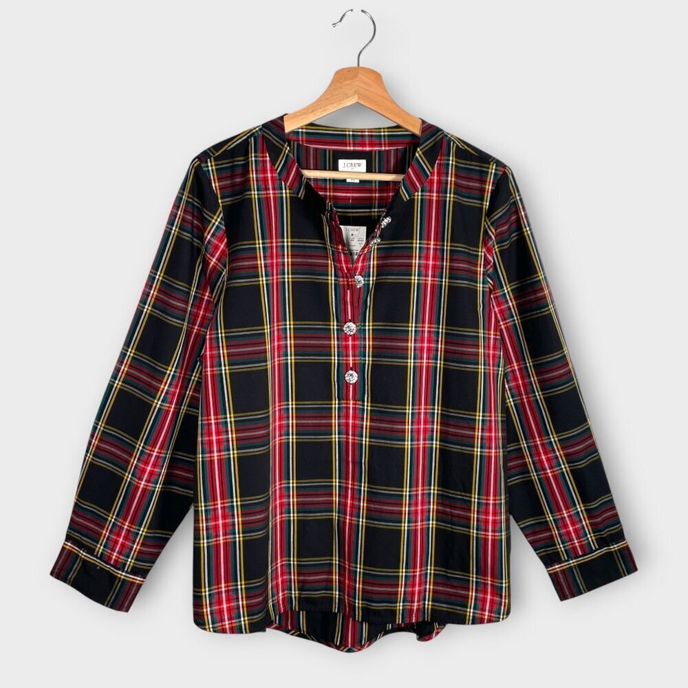J Crew Stewart Plaid Popover Top LARGE Jeweled Buttons Cotton NEW
